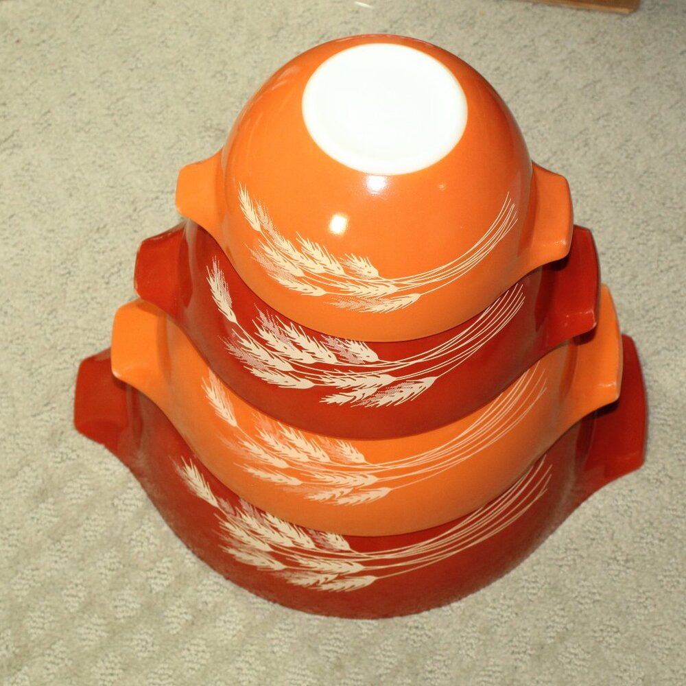 Complete Set of 4 Vtg Pyrex Harvest Wheat Red Orange 441-444 Cinderella Mixing